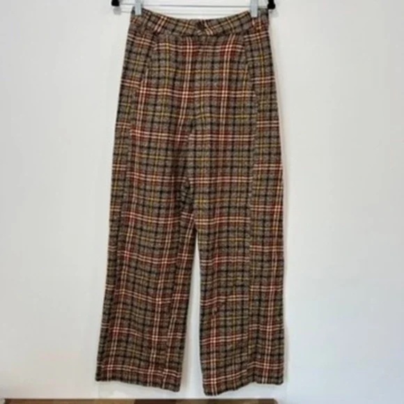 Free People Pants - FREE PEOPLE HIGH RISE BROWN PLAID WIDE LEG TROUSER PANTS 6